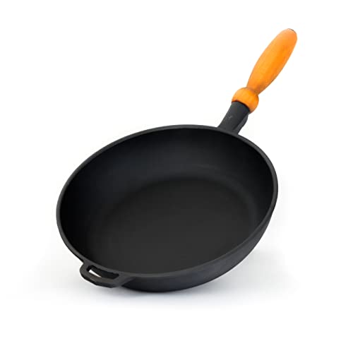 Sartén universal de hierro fundido con mango de madera, de 28 cm de diámetro, para cocer y freír, apta para todo tipo de cocinas, barbacoas y fuegos, con mango, inducción, negro, sin revestimiento