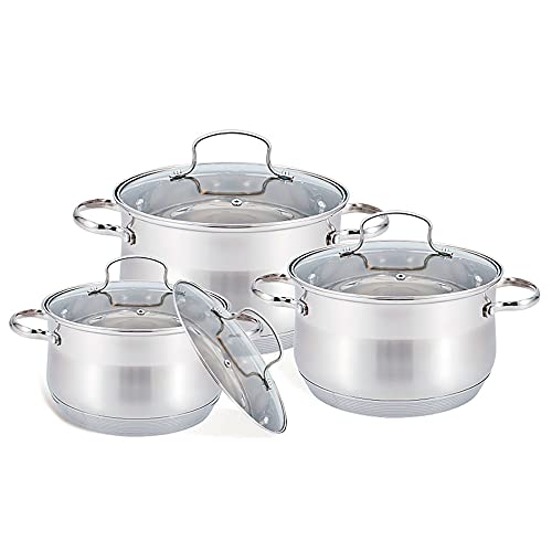 Maestro MR-3512-6L Batería de Cocina Acero Inoxidable, 6 Piezas, Inducción, 3 Cacerolas, 3 Tapas de Cristal, Apta Para Todo Tipo de Cocinas, Apta Lavavajillas