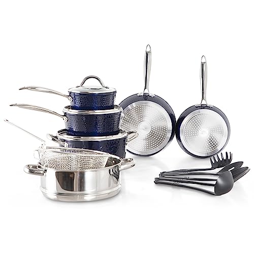 Kitchen Academy - Baterías de Cocina Antiadherentes de 15 Piezas, Juego de Sartenes Antiadherentes de Inducción con Revestimiento de Granito, Incluye Tapas, Accesorios para Freír y Sartenes, Azul