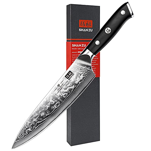 SHAN ZU Cuchillo de Cocina Damasco, 20cm Cuchillo Chef Japones de Acero Damasco de 67 Capas, Mango de Material G10, Cuchillo de Cocinero Profesional para Cortar Verdura, Fruta, Carne y Pescado