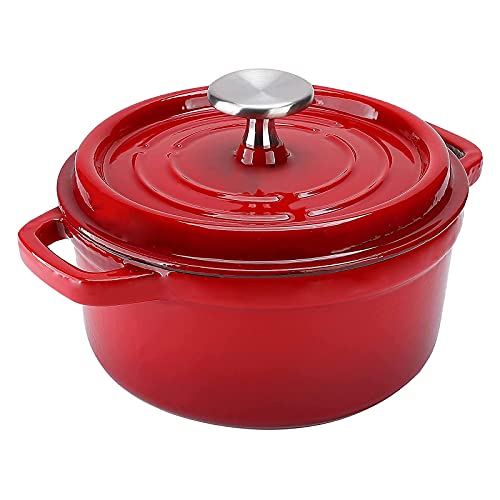 Puricon Horno Holandés Hierro Fundido Esmaltado 26 cm / 4,6 litros, Olla Cocotte Redonda con Tapa, Conservar los Valores y Sabores Nutricionales, para 4-6 Personas -Rojo