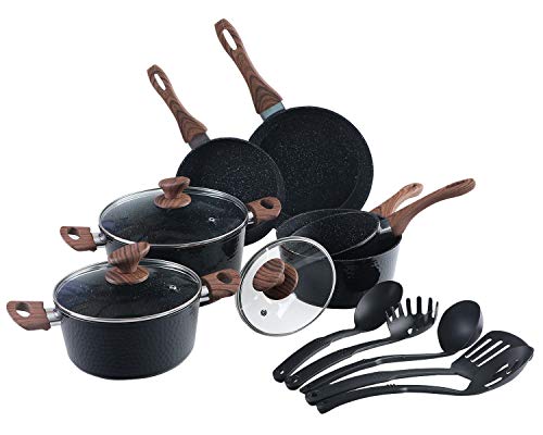 Kitchen Academy - Juego de Utensilios de Cocina con Revestimiento de Granito Antiadherente de 15 Piezas, Juego de Sartén de Inducción Antiadherente, Accesorios para Freír y sartenes, Negro