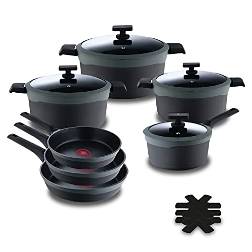 MasterPRO Gastro Reeco | Set de 11 piezas Antiadherentes | 3 Sartenes de 20, 24 y 28 cm, 3 Cacerolas de 20, 24 y 28 cm y Cazo de 16 cm con Tapa| Aluminio Fundido Reciclado | Indicador Temperatura