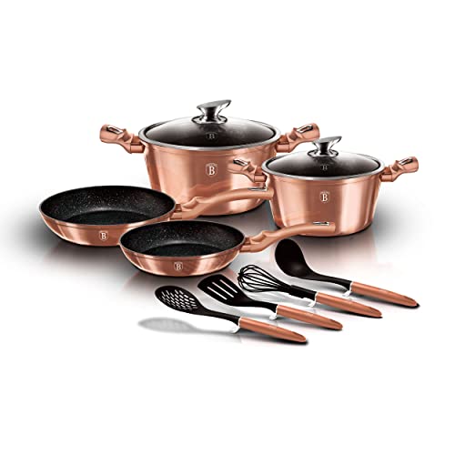 Berlinger Haus Rose Gold Batería Cocina Inducción 10 Piezas, Antiadherente Mármol sin PFOA, Aluminio, Set 2 Cazuelas 2 Tapas Cristal, 2 Sartenes, 4 Utensilios, Diseño Metallic Line, Vitrocerámica