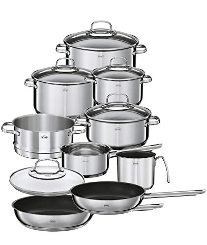 Rösle Elegance Juego de Ollas de 10 Piezas, 6 Ollas de Calidad, 1 Olla para Cocinar al Vapor, 2 Sartenes, de Acero Inoxidable 18/10, Tapa de Cristal y Escala Interna, para el Lavavajillas y Inducción