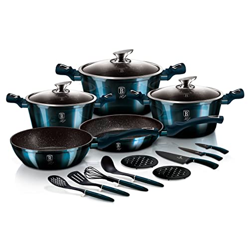 Berlinger Haus Aquamarine Batería Cocina Inducción 17 Piezas, Antiadherente Mármol sin PFOA, Aluminio, Set 3 Cazuelas, Tapas Cristal, 2 Sartenes, 3 Cuchillos, Utensilios, 2 Salvamanteles, Diseño