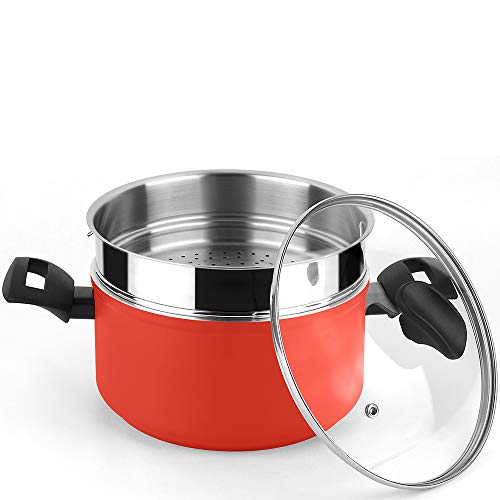 Fagor Maxima Olla Vaporera Inducción 20 cm, Cacerola Aluminio Forjado, Steamer Acero Inoxidable, Tapa de Cristal, Antiadherente sin PFOA, Apta para Todas Las Cocinas, Vitrocerámica, Gas, Rojo