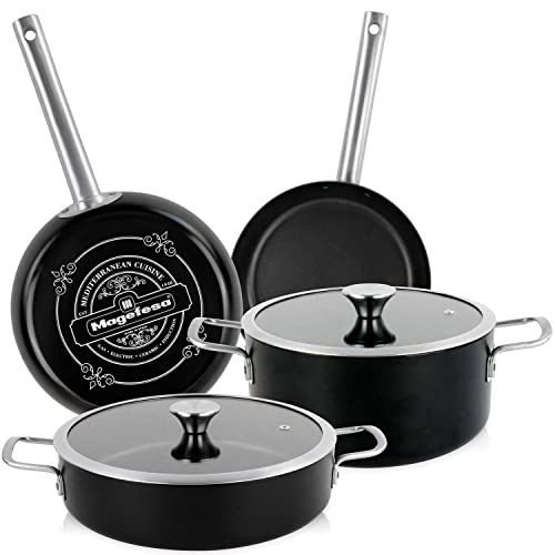Magefesa Ares Batería Cocina Inducción 6 Piezas, Antiadherente Libre PFOA Esmalte Exterior Negro Mate, Set Cazuelas Tapa Vidrio, Sartenes, Herrajes Inox Satinados, Retro Estilo Vintage