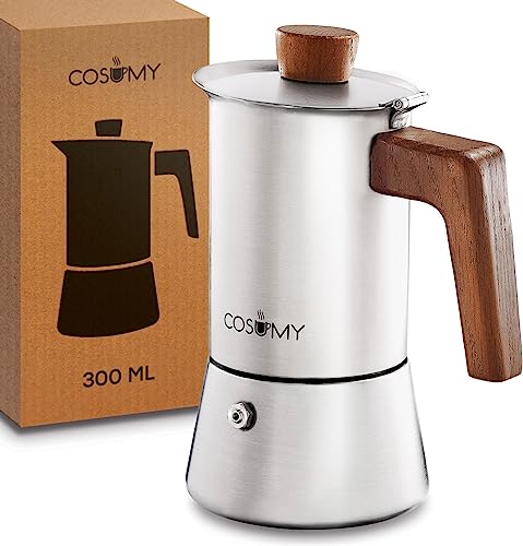 Cosumy Cafetera Italiana de Acero Inoxidable y Roble Sostenible - Para 6 Tazas - Apta para Inducción - Con Junta de Silicona de Repuesto - 300ml