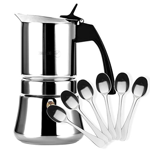 FAGOR ® Etnica cafetera italiana con capacidad para 10 tazas, 500 ml, fabricada en acero inoxidable, para todo tipo de cocinas, incluido INDUCCION, pack exclusivo (Cafetera 10 Tazas + 6 Cucharas moka)