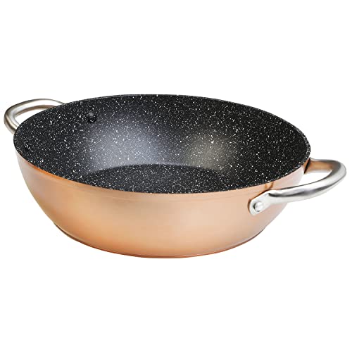 WECOOK! Professional Cazuela Baja Inducción 32 cm, Antiadherente Ecológico sin PFOA, Aluminio Forjado, Color Cobre, 2,8 mm Espesor, Asas de Acero Inoxidable, Vitrocerámica, Gas, Horno