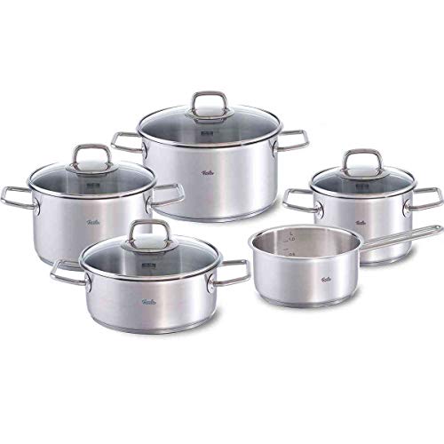 Fissler Viseo Juego de ollas de acero inoxidable, 5 piezas, 3 ollas y 1 cacerola con tapa de cristal, 1 cazo sin tapa, aptas para todo tipo de placas, inducción