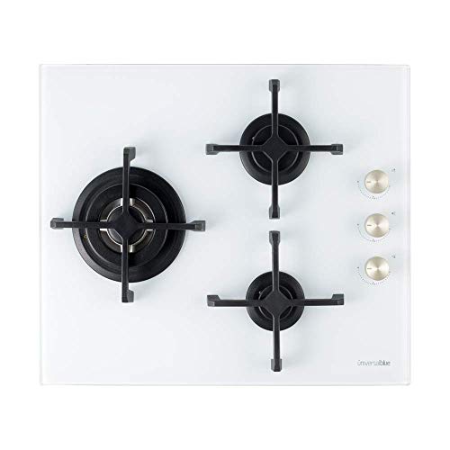 UNIVERSALBLUE Placa de Gas Butano y Natural Blanca | Cristal Gas3 Fuegos | Potencia Total 6200 W | Cristal Templado | Encendido eléctrico