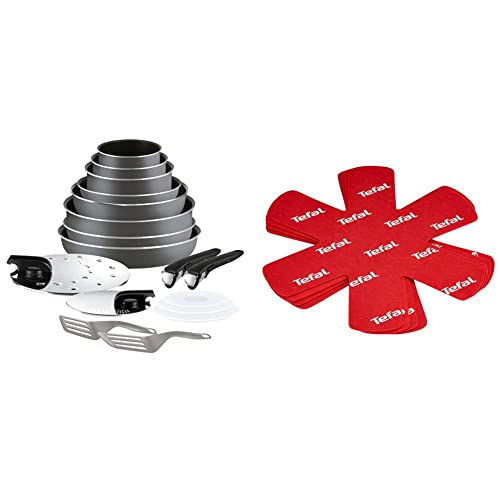 Tefal Ingenio Essential -Juego de 4 Sartenes, 3 Cazos, Mango extraíble，Gris Oscuro & Protector de Ollas y Sartenes K22030 - Pack de 4 unidades, previene de arañazos， Rojo