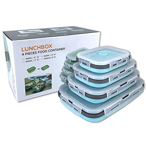 Beeptrum Recipientes plegables de silicona para almacenamiento de alimentos, paquete de 4 unidades (azul y gris)