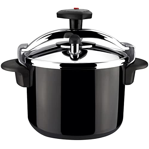 MAGEFESA ® Castel olla a presión rápida tradicional de 6 litros negra, cuerpo con recubrimiento cerámico y núcleo de acero, tapa de acero inoxidable, fácil uso, apta para inducción total, express