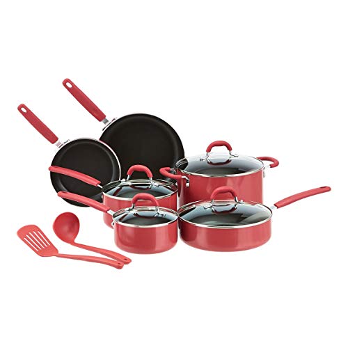 Amazon Basics utensilios de cocina antiadherentes de cerámica (ollas, sartenes y otros utensilios), 12 Unidad, rojo