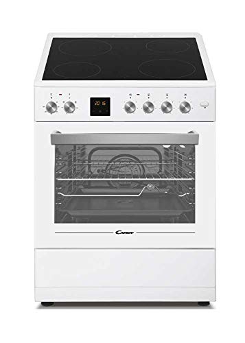 Candy New Timeless CVE660MW/E, Cocina Libre Instalación, Horno Multifunción 60L, Vitrocerámica 4 Zonas, 60CM, Digital y Mandos, Rustepollos, Temporizador, Altura Ajustable y Ruedas, Clase A, Blanco