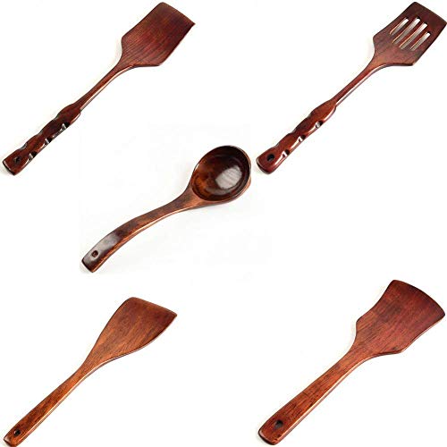 Juego de utensilios de cocina de madera de primera calidad de 5 piezas que incluye volteador, cuchara, lo mejor para sartenes y utensilios de cocina no pegajosos, utensilios de cocina ecológicos Jueg