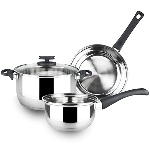 MAGEFESA ® Style batería de cocina, 4 piezas, cacerola con tapa, cazo, sartén sin antiadherente, fabricada en Acero Inoxidable, apta para todo tipo de cocinas, incluido induccion, saludable, ecologica