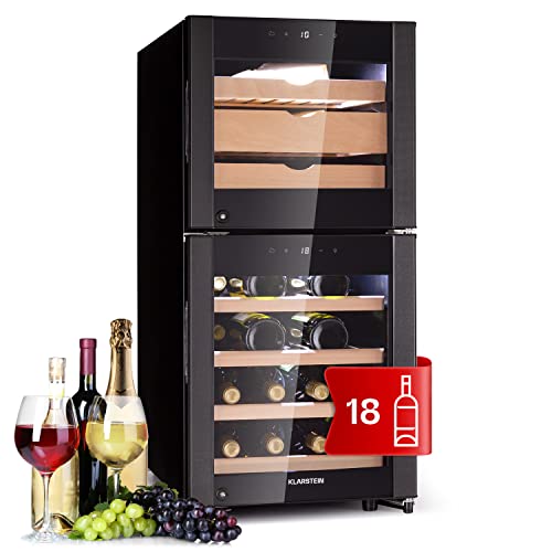 Klarstein Vinoteca 89 l., Nevera para Vinos y Quesos con Puerta Cristal, Uso en Interior/Exterior, Neveras Vinos, Refrescos y Cervezas, Caja para Quesos, Pantalla LED, Control Temperatura Higrómetro
