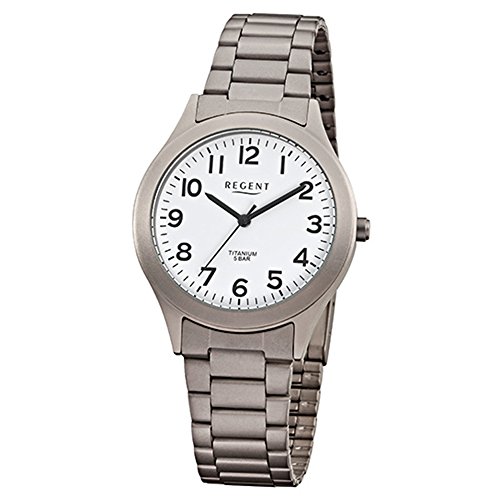Regent Reloj de hombre con pulsera de eslabones de titanio y caja de titanio de 37 mm de diámetro, cuarzo, números arábigos., Blanco, Pulsera