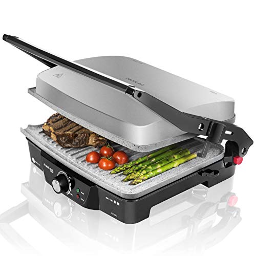 Cecotec Parrilla eléctrica Rock'nGrill 2000. 2000 W, Revestimiento Antiadherente RockStone, Apertura 180º, Adaptable en Altura, Superficie de cocinado 30 x 23.5 cm, Acero Inoxidable y Plástico