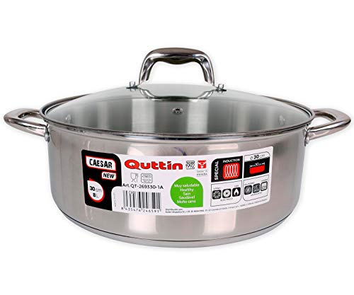 Quttin New Caesar - Cacerola Profesional Induccion, Cocina y Horno, Cazuela Grande, Acero Inoxidable Antiadherente, Tapa Cristal y Asas, 30 cm/8 L