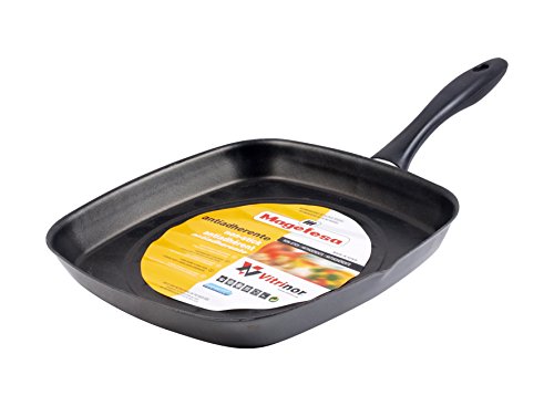 Magefesa Glass - Asador cuadrado alto 28cm de acero vitrificado exterior negro cristal. Antiadherente bicapa reforzado, apto para todo tipo de cocinas, especial inducción. 50% de ahorro energético.
