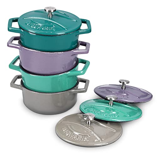 Navaris 4x Cocotte de hierro fundido - Mini cazuela de 10.5 CM esmaltada con tapa - Set de cacerolas aptas para horno - Capacidad 290 ML