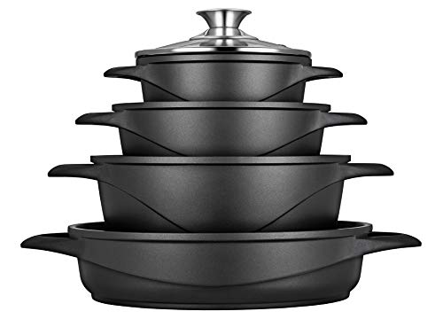Smile MGK17 - Batería de Cocina Inducción 8 piezas, Aluminio Fundido, 4 Ollas, Tapas de Vidrio, Apta para Todo Tipo de Cocinas, libre PFOA