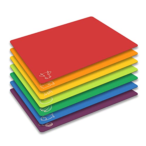 Juego de tablas de cortar Tapetes flexibles de plástico de colores con iconos de alimentos, tablas de cortar sin BPA, no porosas, aptas para el lavavajillas, juego de 7