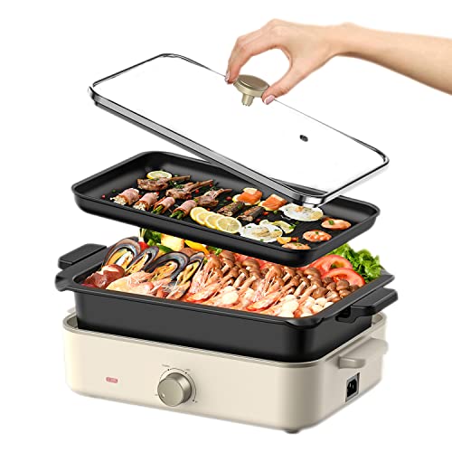 Sartén Eléctrica, 1400W Olla Multifuncional, 2 en 1 Sartenes-Parrillas Eléctricas, 1400W Calor Rápido Plancha Parrilla, Cocina Varios con 3 Temperaturas, Recubrimiento Antiadherente