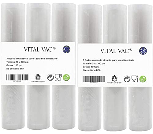 6 Rollos Para Envasar al Vacío Alimentos de 28x300 cm | Para Bolsas de Envasadora al Vacío | Reutilizables | Válidos para Conservación, Congelación, Microondas y Cocción Sous Vide