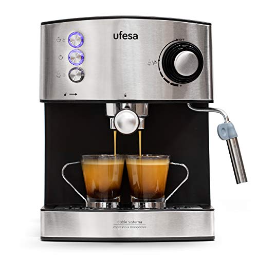 Ufesa CE7240 Cafetera Expresso y Capuccino, Vaporizador Orientable, 20 Bares, 2 Modos: Café Molido o Monodosis, Depósito 1.6L, Función Calienta Tazas, 850W, Inox