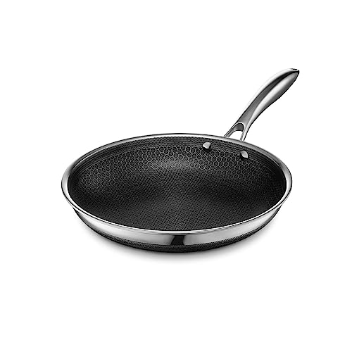 HexClad Sartén híbrida de acero inoxidable de 10 pulgadas con mango que se mantiene fresco, libre de PFOA, apta para lavavajillas y horno, antiadherente, funciona con estufa de inducción, gas