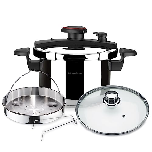 MAGEFESA ® Astra Complet Olla a presión súper rápida de 4 litros, pack exclusivo cestillo + tapa de cristal, acero inoxidable 18/10, apta para todo tipo de cocinas, incluido induccion, express