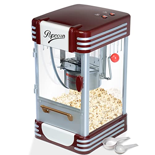 Máquina para Palomitas - con Olla Extraíble de Acero de Capacidad 50g y Cuchara Dosificadora, 330-360W, 200g/10min, 60L/h - Pop Corn Retro, Palomitero Vintage