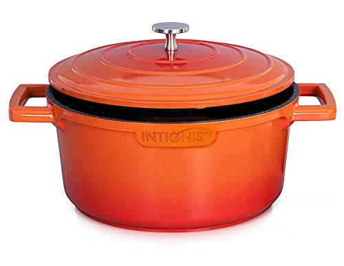 Cacerola antiadherente con tapa - Aluminio fundido, acero inoxidable, asas extraíbles - Compatible con inducción - Más ligero que el hierro fundido (Orange, 28 cm)
