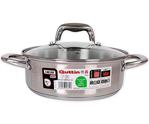Quttin New Caesar - Cacerola Profesional Induccion, Cocina y Horno, Cazuela Mediana, Acero Inoxidable Antiadherente, Tapa Cristal y Asas, 22 cm/3 L