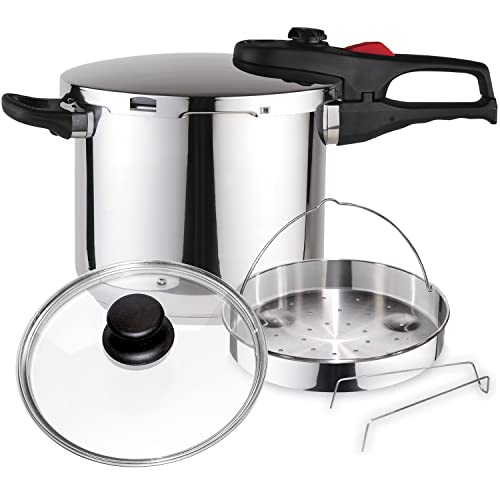 MAGEFESA ® Practika Plus Complet olla a presión súper rápida de 6 litros, pack exclusivo cestillo + tapa de cristal, acero inoxidable 18/10, apta para todo tipo de cocinas, inducción, express