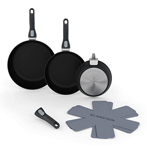 KLARSTEIN Sartenes Antiadherentes con Mango Desmontable Set 3, Sarten Antiadherente de Aluminio para Lavavajillas, Sartén Grande para Placa de Inducción, Horno, Cerámica y Gas, 20/24/28 cm