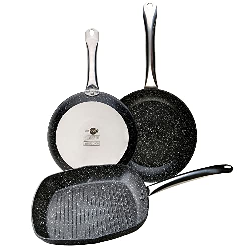 WECOOK! Granite Set Juego 2 Sartenes 20-24cm + 1 Grill Asador 28 x 28cm Inducción Aluminio Forjado, Antiadherente Ecológico sin PFOA, Mangos Acero, Apta Todas Cocinas, Vitrocerámica, Gas, Horno