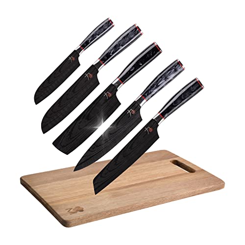 MasterPro Tetsu | Cuchillos de Cocina | Set de 5 Cuchillos Japoneses y Tabla de Cortar | Para Cortar Todo Tipo de Alimentos | Cocina Profesional | Reforzado, Equilibrado y con Revestimiento de Titanio