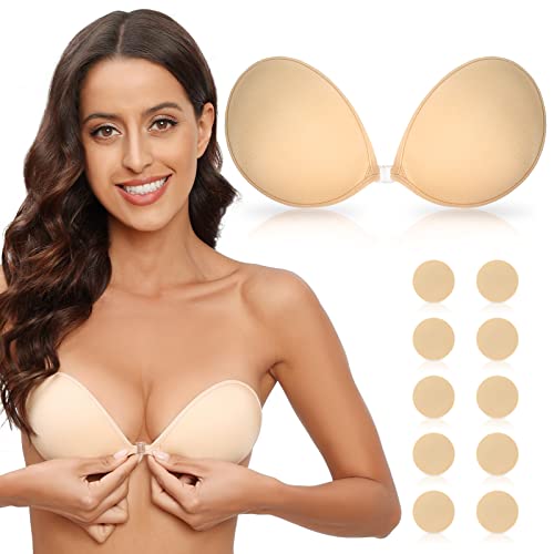 Niwicee Sujetador Adhesivo sin Tirantes Mujer Push up Sujetadores Invisible Sin Espalda Silicona Bra Reutilizable sin aro para Vestido sin Espalda(Beige,B)