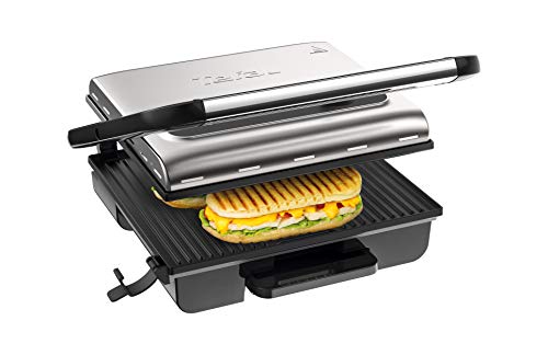Tefal Grill Inicio Adjust GC242D - Grill de carne, pescado y verduras, función sandwichera y panini, termostato regulable 2000 W, bandeja recolectora de jugos antigoteo, fácil de almacenar, Plateado