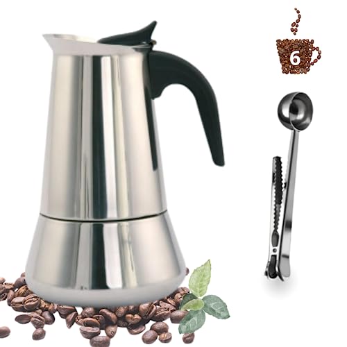 RAMBUTAM Cafetera Italiana Inducción 6 Tazas (330 ml) con Cacito de REGALO, Cafetera Acero Inoxidable apta para todo tipo de cocinas Cafeteras Vitrocerámica, Inducción, Gas, Eléctrica...