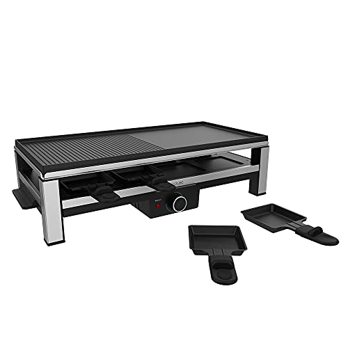 Cecotec Raclette de Queso y grill Cheese&Grill 12000 Inox Black. 2000 W, Parrilla superior mixta, Acabados en acero inoxidable, Placa antiadherente, 8 sartenes individuales, Diseño extraíble