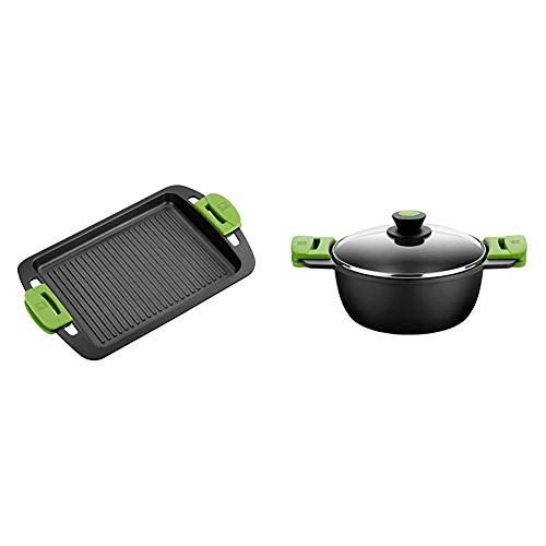 BRA Plancha Asar, Negro, 40 cm + PRIOR - Cacerola alta con tapa de cristal y asas de silicona extraíbles, 20 cm, apta para todo tipo de cocinas incluida inducción y horno.Libre de PFOA.