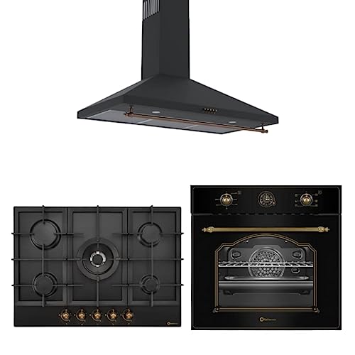 PACK-CONJUNTO3 COCINA NEGRO RÚSTICO ACABADOS DORADOS: (Placa gas 70 cm + horno eléctrico + campana extractora 90 cm)